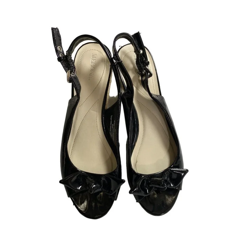Black patent leather bow embellished espadrille wedges sandals women size 9.5‎
